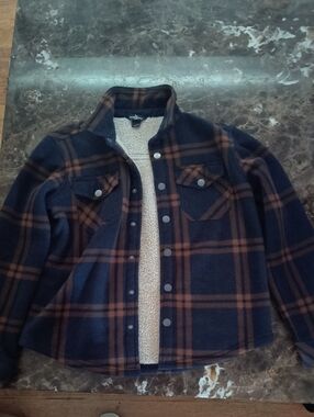 Eddie Bauer Navy and Brown Plaid Sherpa-Lined Jacket
